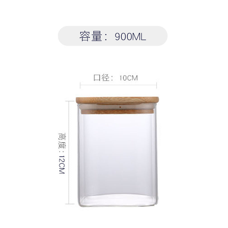 Bamboo Lid Transparent Glass Square Storage Jar (Set of Four) Tea Caddy Storage Jar Sealed Jar